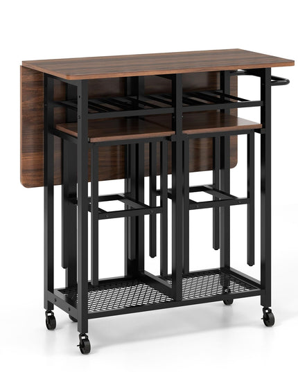 Giantex 3-Piece Foldable Dining Table Set, Extendable Dining Table & 2 Stools Set w/ 6-Bottle Wine Rack