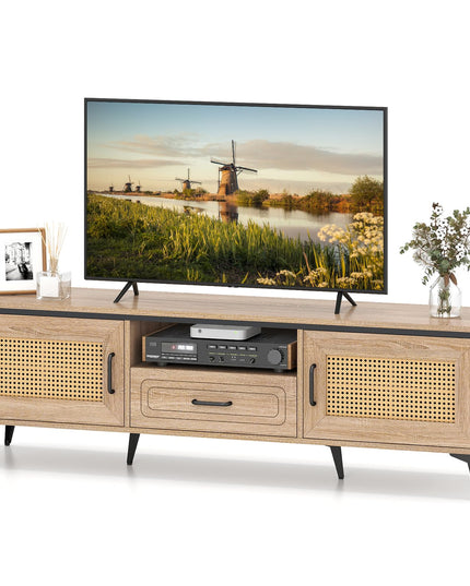 Meuble TV Giantex pour téléviseurs 60/65 pouces | Meuble de divertissement bohème avec placards de rangement