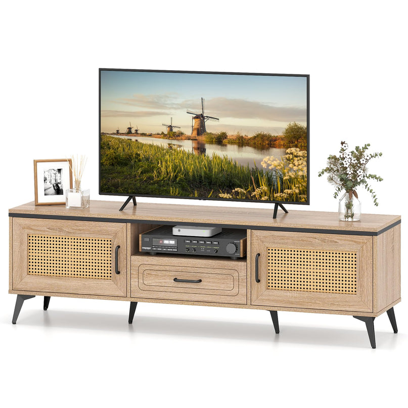 Meuble TV Giantex pour téléviseurs 60/65 pouces | Meuble de divertissement bohème avec placards de rangement