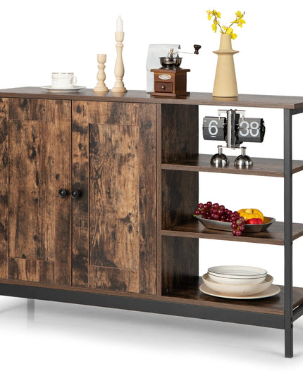 Giantex Industrial Kitchen Storage Cabinet w/Open Shelves, 2-Door Cupboard, Adjustable Shelf, Wooden Buffet Sideboard(Rustic Brown)