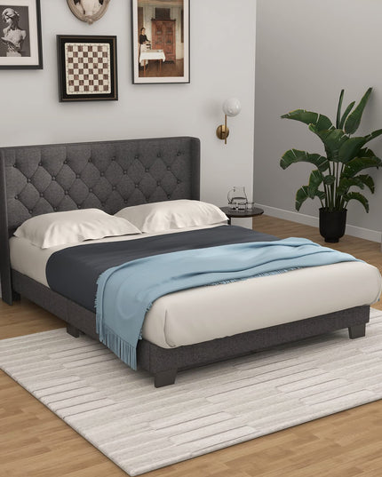 Giantex Bed Frame with Button Tufted Headboard, Modern Fabric Upholstered Platform Bed with Wingback Design, Grey