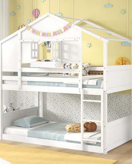 Giantex Bunk Bed Twin Over Twin, Wood House Bed for Kids with Roof, Window Door, White