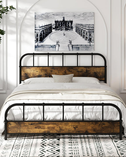 Giantex Queen Size Metal Bed Frame with Wood Headboard, Industrial Platform Bed Frame with Heavy Duty Metal Slat