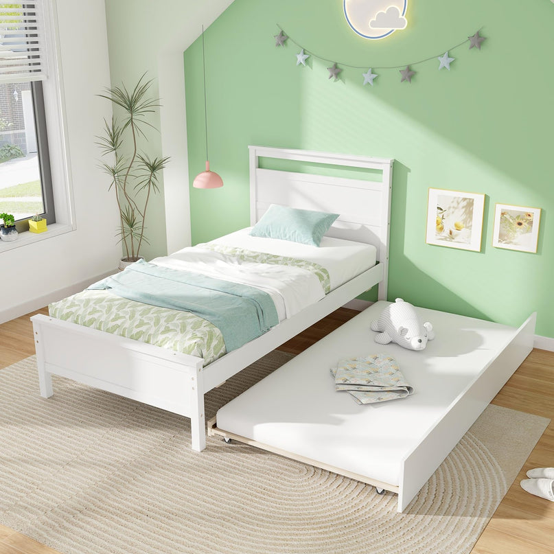 Giantex Trundle Bed Twin, Wood Day Bed Frame with Headboard & Footboard