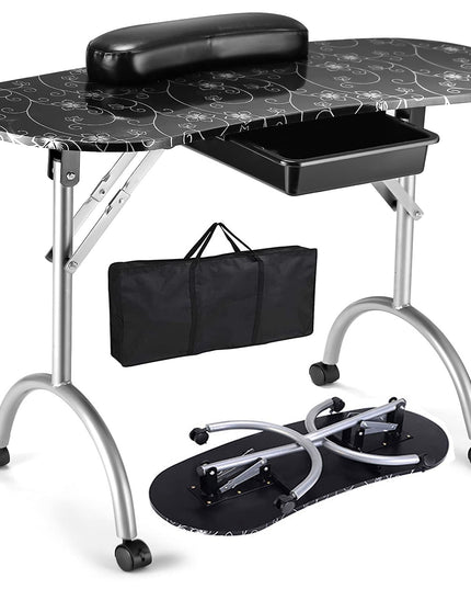 Foldable Nail Table Workstation with Lockable Wheels