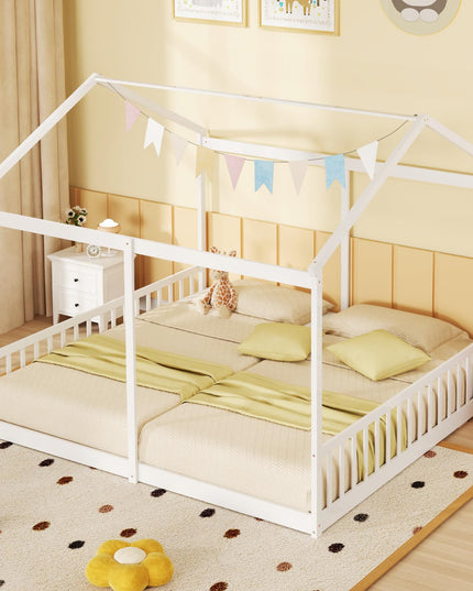 Giantex Double Twin Floor Beds for 2 Kids, Wood Twin Size House Beds with Safety Guardrails, White