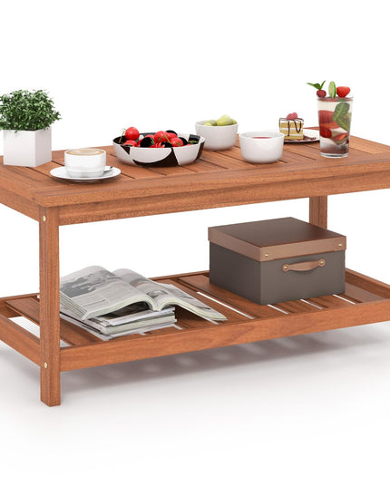 Giantex Hardwood Patio Coffee Table - 2-Tier Wooden Coffee Table