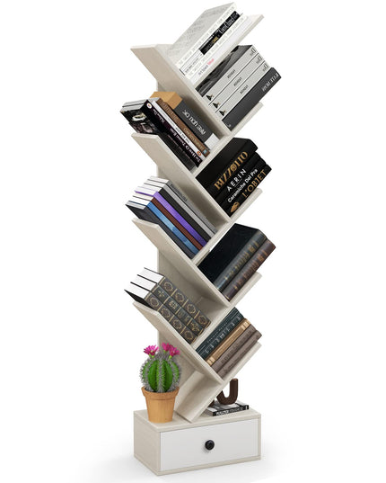 10-Tier Tree Bookshelf with Drawer, Beige - Giantex