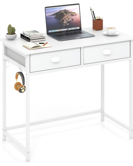 Giantex Small Computer Desk with Fabric Drawers, 36 Inch Home Office Desk with 4 Hanging Hooks & Metal Frame