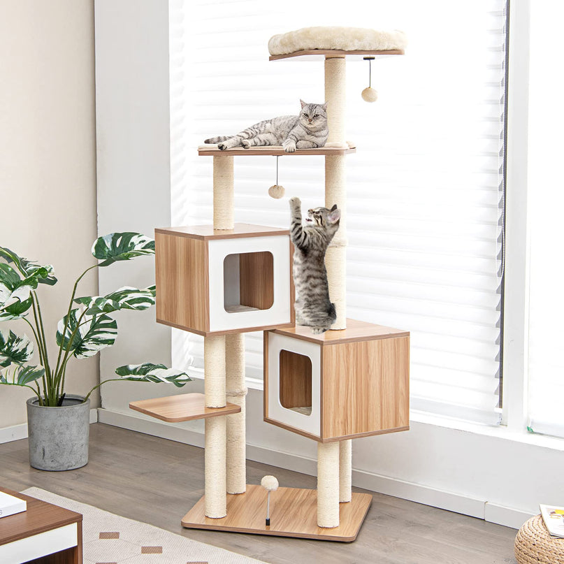 Giantex Multi-Layer Cat Tree, 64.5 inches Cat Tower with Natural Sisal Scratching Posts, 2 Condos, Padded Perch