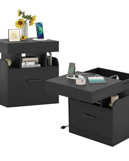 Giantex Nightstand with Charging Station Modern Bedside Table