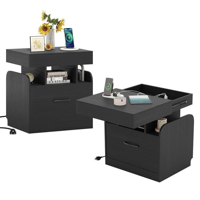 Giantex Nightstand with Charging Station Modern Bedside Table