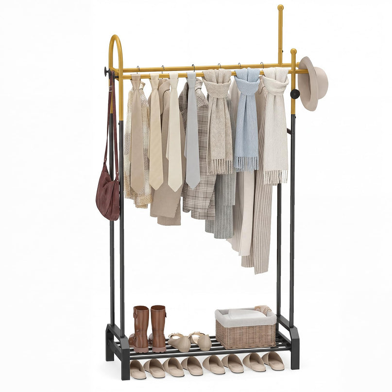 Giantex Double Rod Clothing Rack | Freestanding Clothes Rack with 5 Coat Hooks