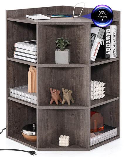 Giantex 3-Tier Corner Cabinet with Charging Station, Corner Shelf with 9 Cubbies, 2 USB Ports & 4 Outlets