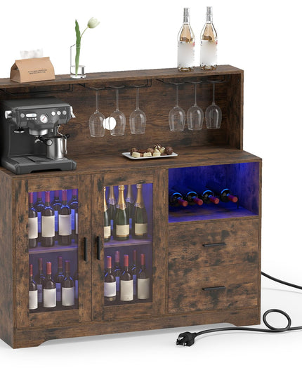 GIANTEX Wine Bar Cabinet with LED Lights & Charging Station