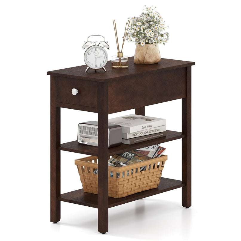 Ginatex Narrow Side Table Set of 2, Small End Tables with Drawer & Open Storage Shelves