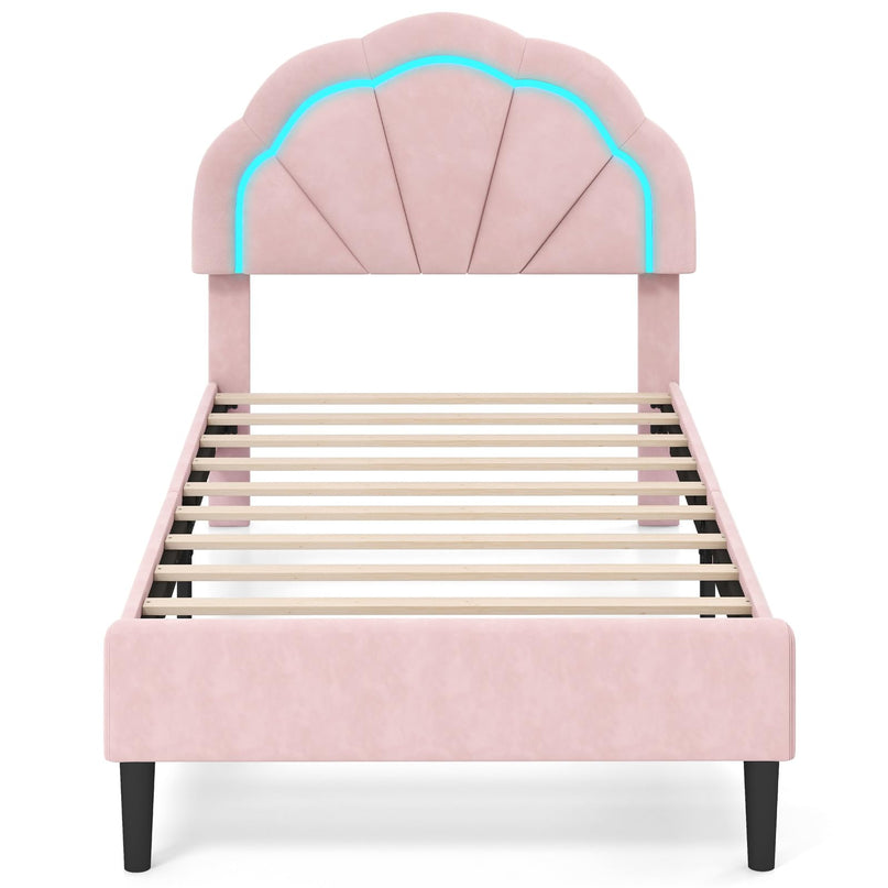 Giantex Full Size LED Bed Frame, Velvet Upholstered Full Platform Bed with Adjustable Cloud Headboard