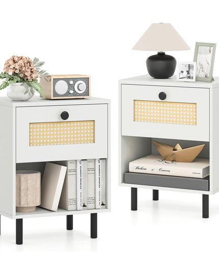 Giantex Rattan Nightstand with Drawer Set of 1/2 Modern Bed Side Table