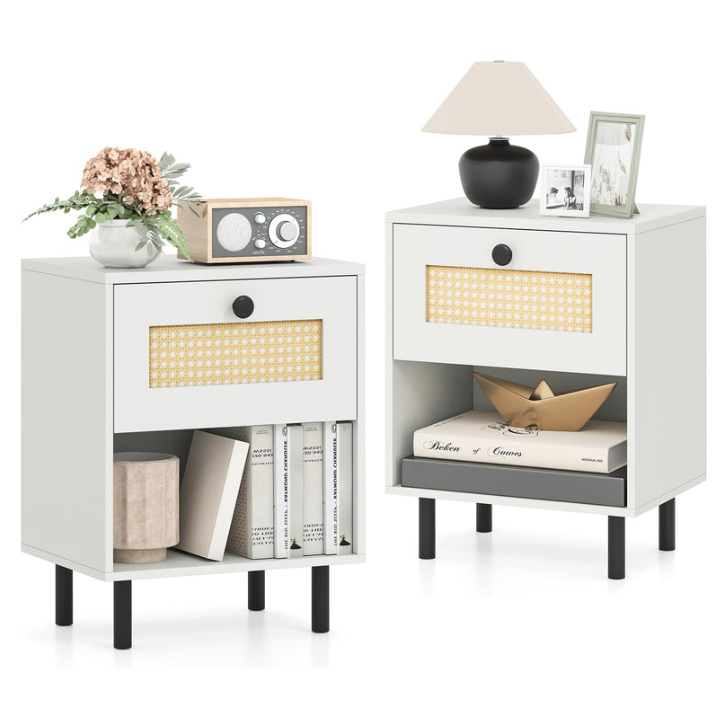Giantex Rattan Nightstand with Drawer Set of 1/2 Modern Bed Side Table