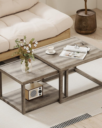 Giantex Stackable Nesting Coffee Table Set of 2 with Storage Shelf & Rubber Wood Frame