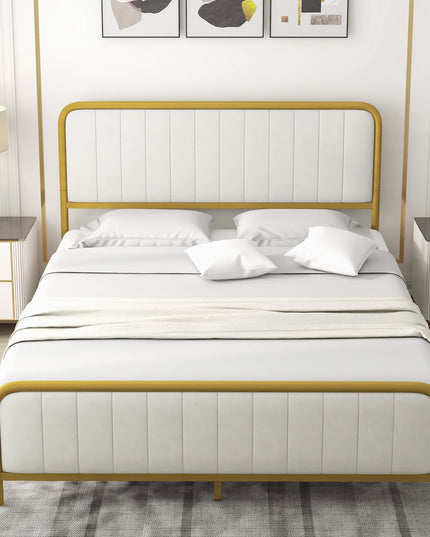 Giantex Twin Size Gold Bed Frame with Velvet Headboard and Footboard, Heavy-duty Metal Slats Support Mattress Foundation