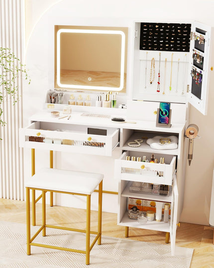 CHARMAID Vanity Desk with Mirror and Lights, White Makeup Vanity Desk with Jewelry Storage