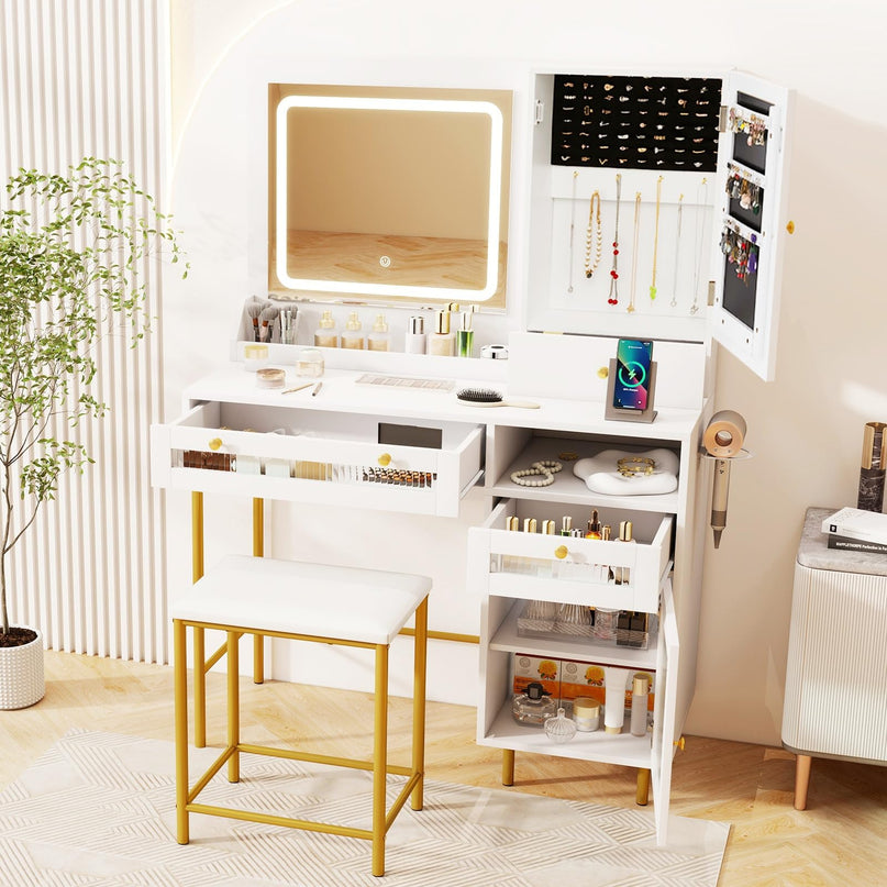 CHARMAID Vanity Desk with Mirror and Lights, White Makeup Vanity Desk with Jewelry Storage
