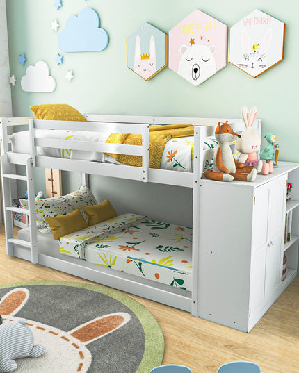 Giantex Twin Over Twin Bunk Bed with Storage Shelves, Solid Wood Bunk Bed Frame with Convertible Bookcase & Ladder, White