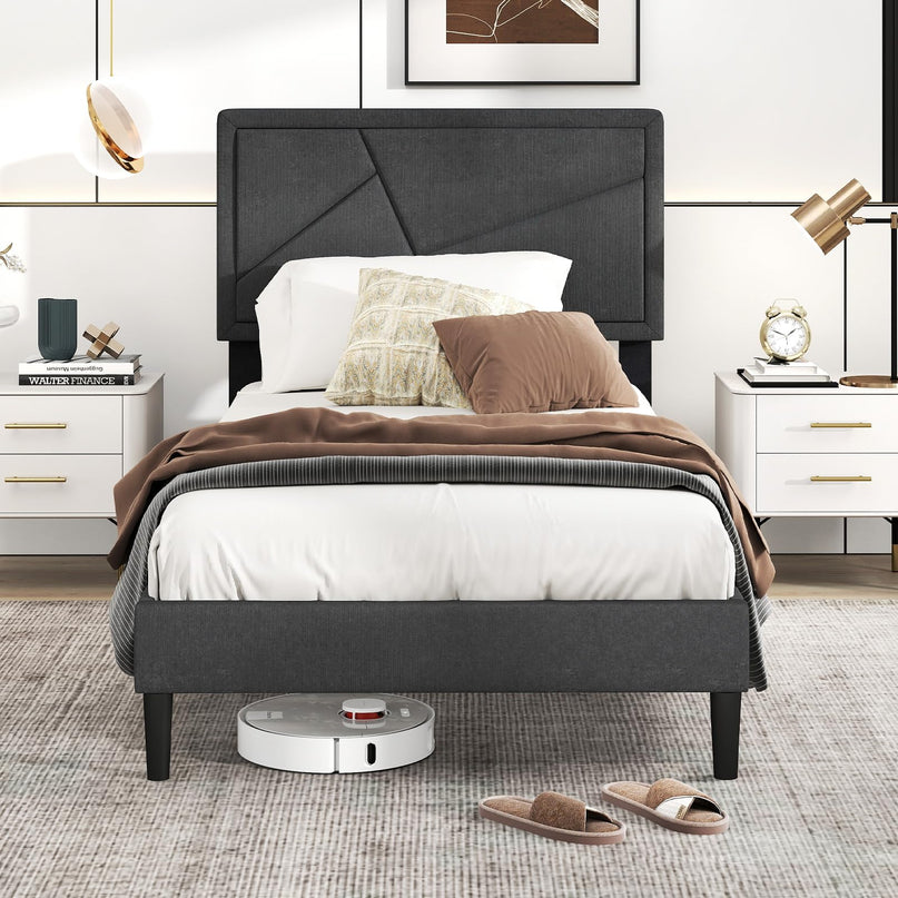 Modern Upholstered Platform Bed Frame with Geometric Tufting Headboard