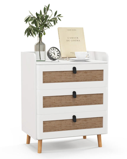 Giantex Rattan Nightstand, Boho 3-Drawer Dresser with 4 Solid Wood Legs