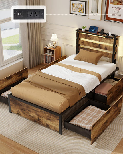 Giantex Bed Frame with LED Lights Headboard and 4 Storage Drawers