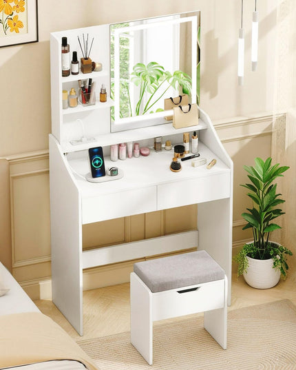 CHARMAID White Vanity Desk with LED Lighted Mirror