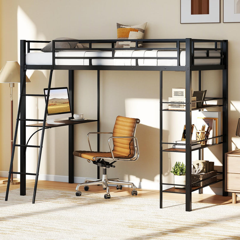 Giantex Twin Size Loft Bed with Desk & Shelves