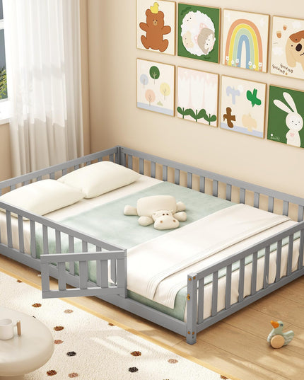 Giantex Full Size Floor Bed for Kids, Montessori Floor Bed with Wood Slats & Safety Guardrails