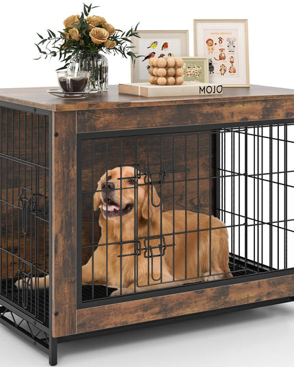 Giantex Dog Crate Furniture - Dog Kennel Side Table with Double Doors & Removable Pull-Out Tray