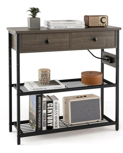 Giantex Console Table with Outlets - 3-Tier Entryway Table w/USB Ports, 2 Storage Drawers