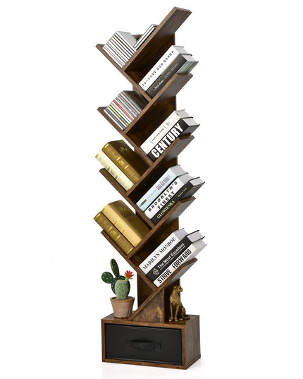Giantex Tree Bookshelf with Drawer, 10 Shelf Space Saving