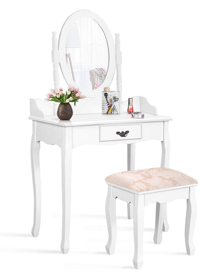 Giantex Bathroom Vanity Table Set w/Mirror Cushioned Stool Makeup Dressing Table Set