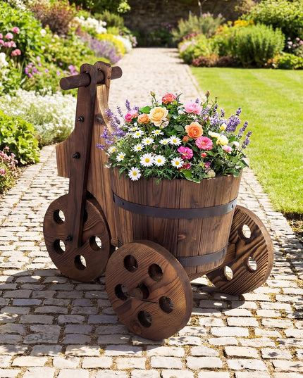 Support pour plantes en bois rustique Giantex avec 3 roues et trou de drainage pour fleurs, herbes et légumes