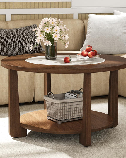 Giantex 2-Tier Round Farmhouse Coffee Table with 2-Tone Tabletop