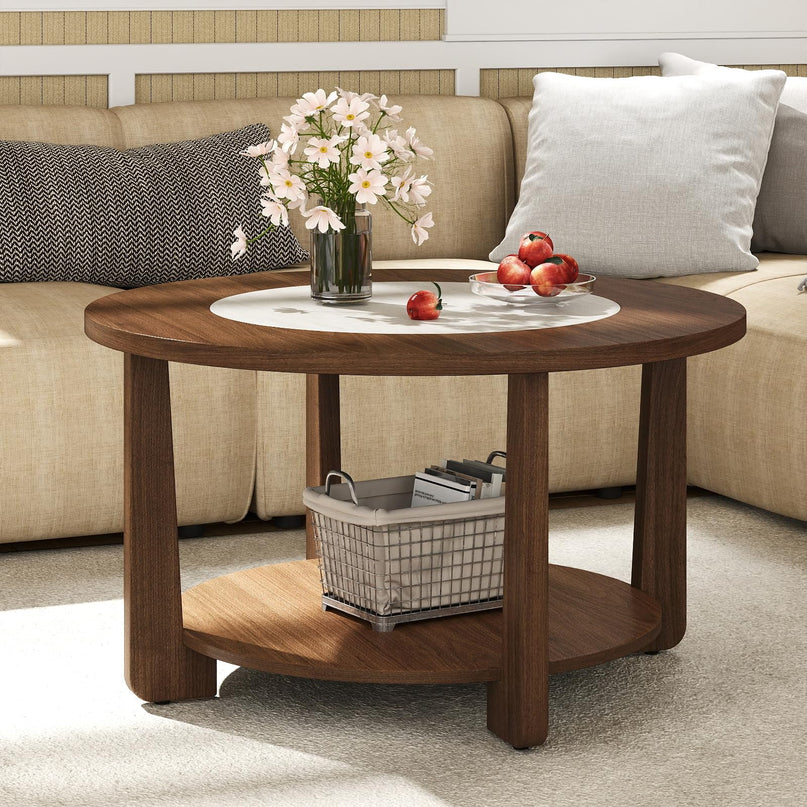 Giantex 2-Tier Round Farmhouse Coffee Table with 2-Tone Tabletop