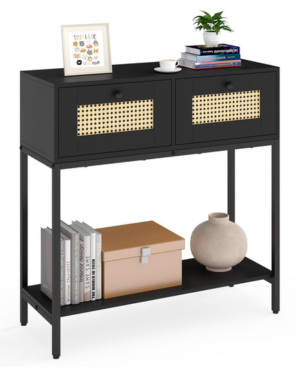 Console géante en rotin bohème de 81 cm avec 2 tiroirs et cadre en métal