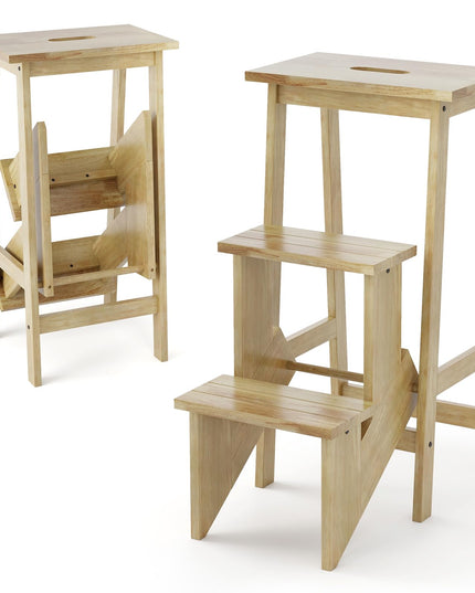 3 Tier Folding Step Ladder, Multifunction 3-in-1 Wood Step Stool