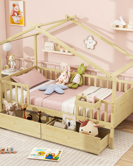 Giantex Montessori  Wooden Twin Bed Frame with Cube Storage & Fence Rails