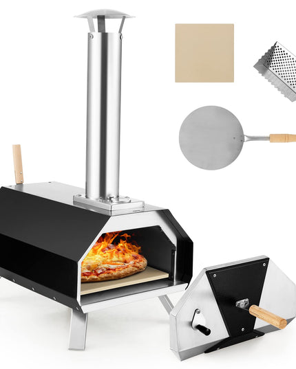 Giantex Outdoor Pizza Oven, Wood Pellet Fired Pizza Grill with 12'' Pizza Stone, Pizza Peel, (Black & Silver)
