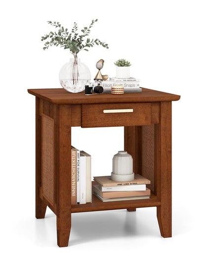 Giantex Rattan Nightstand with Drawer, Mid Century End Table with Storage Shelf, Sofa Side Table with Solid Rubber Wood Legs
