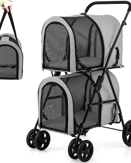 Double Pet Stroller with 2 Detachable Carrier Bags, 4 Lockable Wheels Cat Stroller
