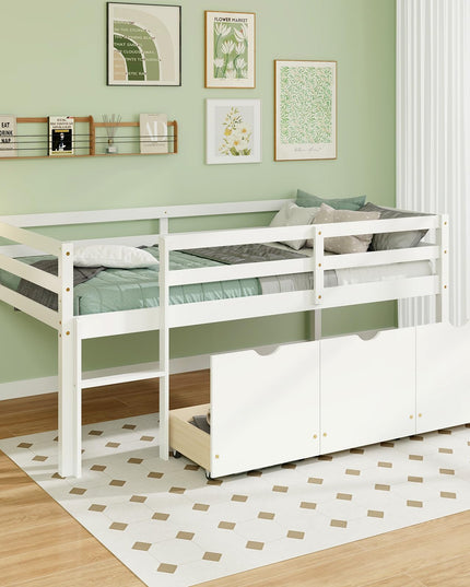 Giantex Twin Low Loft Bed with 3 Drawers, Wooden Loft Bed Frame with Ladder & Full-length Guardrails