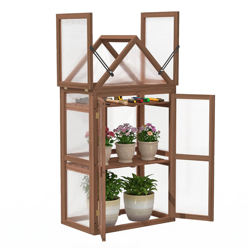 GIANTEX Mini Greenhouse Storage Shelves w/ Transparent Flip-Top Roof for Garden
