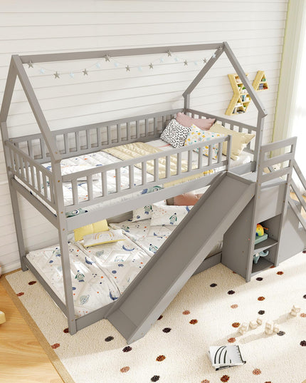 Giantex House Bunk Bed Twin Over Twin with Slide & Stairs for Kids Teens